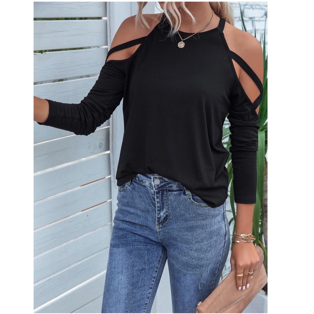 Strappy Cold Shoulder Black Long Sleeve Tee Shirt - Picture 5 of 10